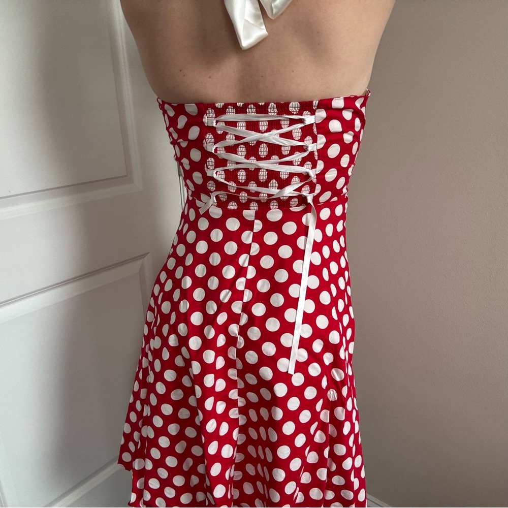 Dress Tells Retro Red & White Polka Dot Pinup Dress Sweetheart Satin - Picture 3 of 7